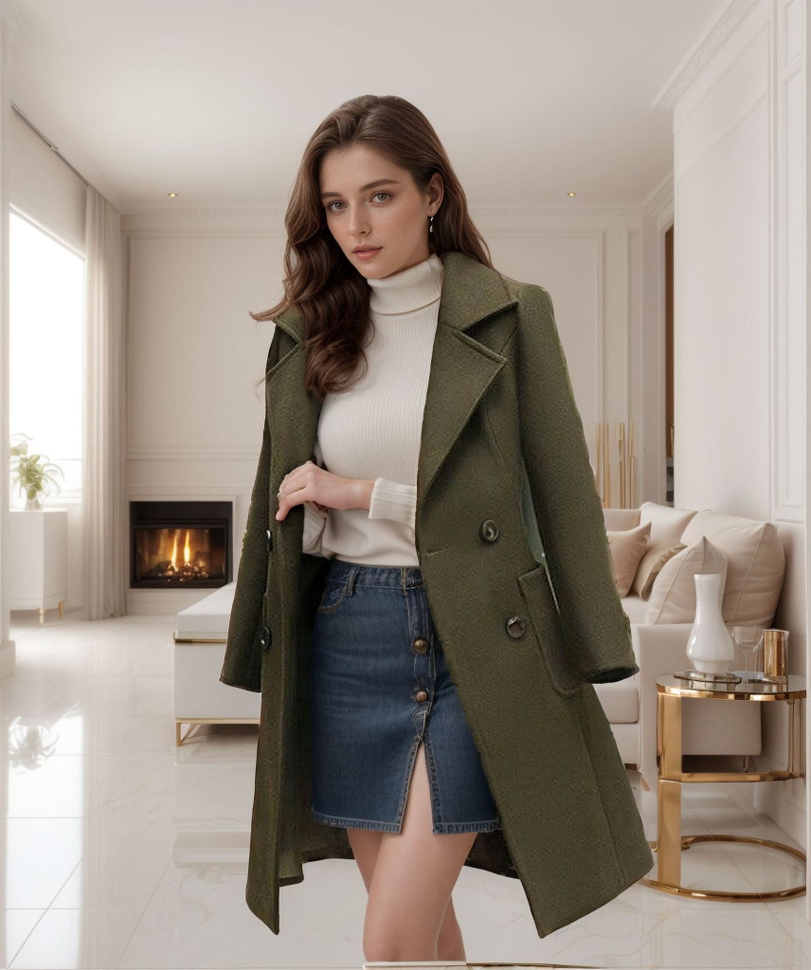 Damen modischer oversize Wolltrenchcoat mit doppelter Knopfleiste R&B