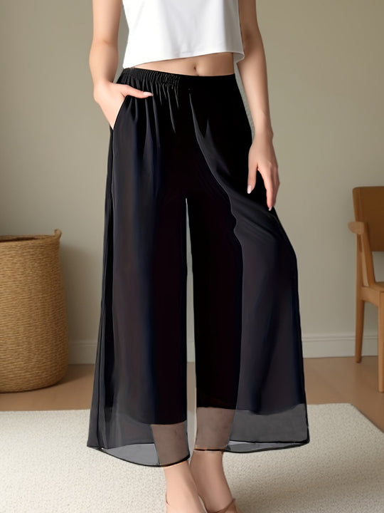 Damen Weit geschnittene Chiffon-Hose mit elastischem Taillenbund und hohen Seitentaschen R&B