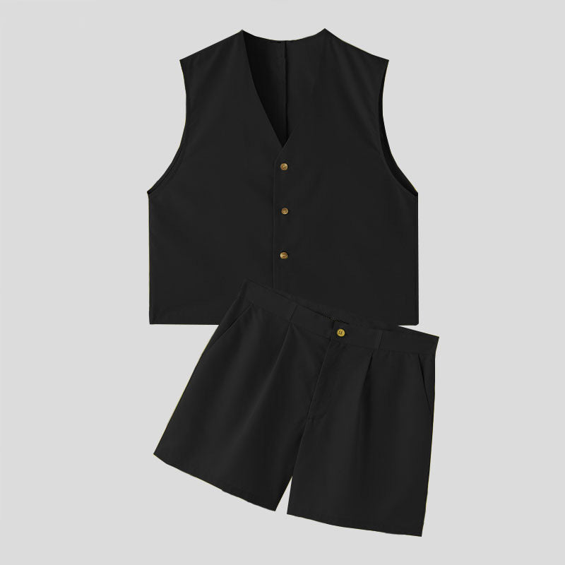 Damen nan elegantes maßgeschneidertes Ensemble mit taillierter Weste und hochtaillierten Shorts R&B