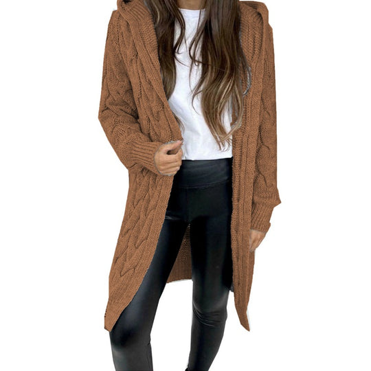 Damen Langer Strickmantel mit strukturiertem Zopfdesign und praktischer Kapuze R&B