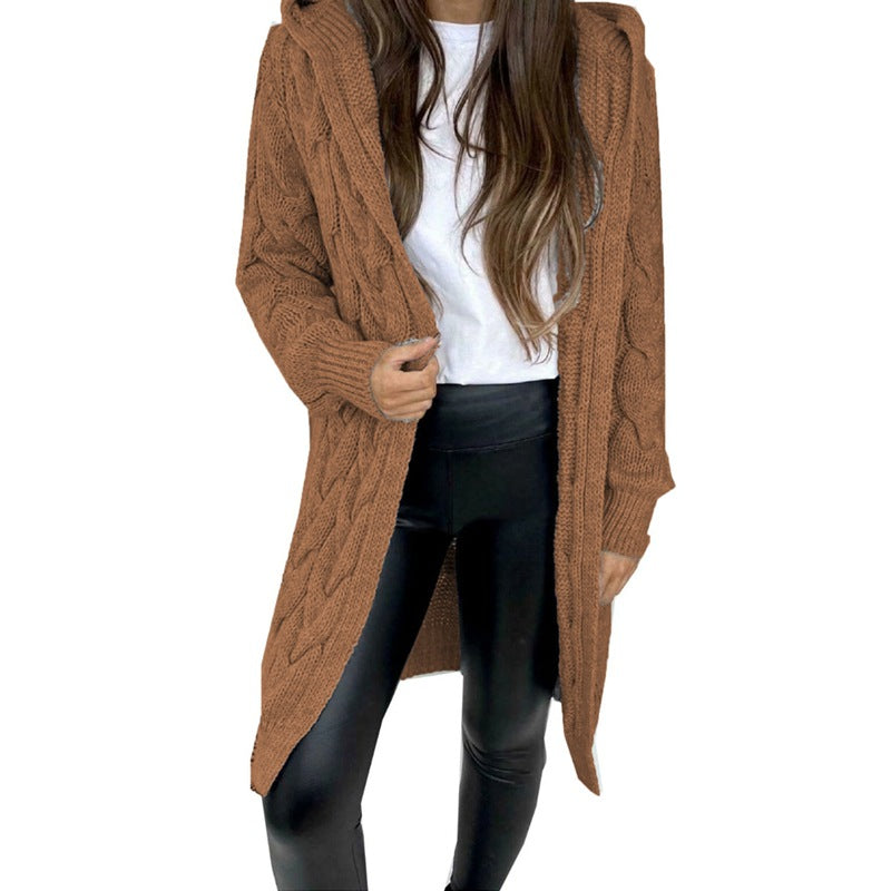 Damen lange Strickjacke mit Kapuze und Zopfdesign R&B