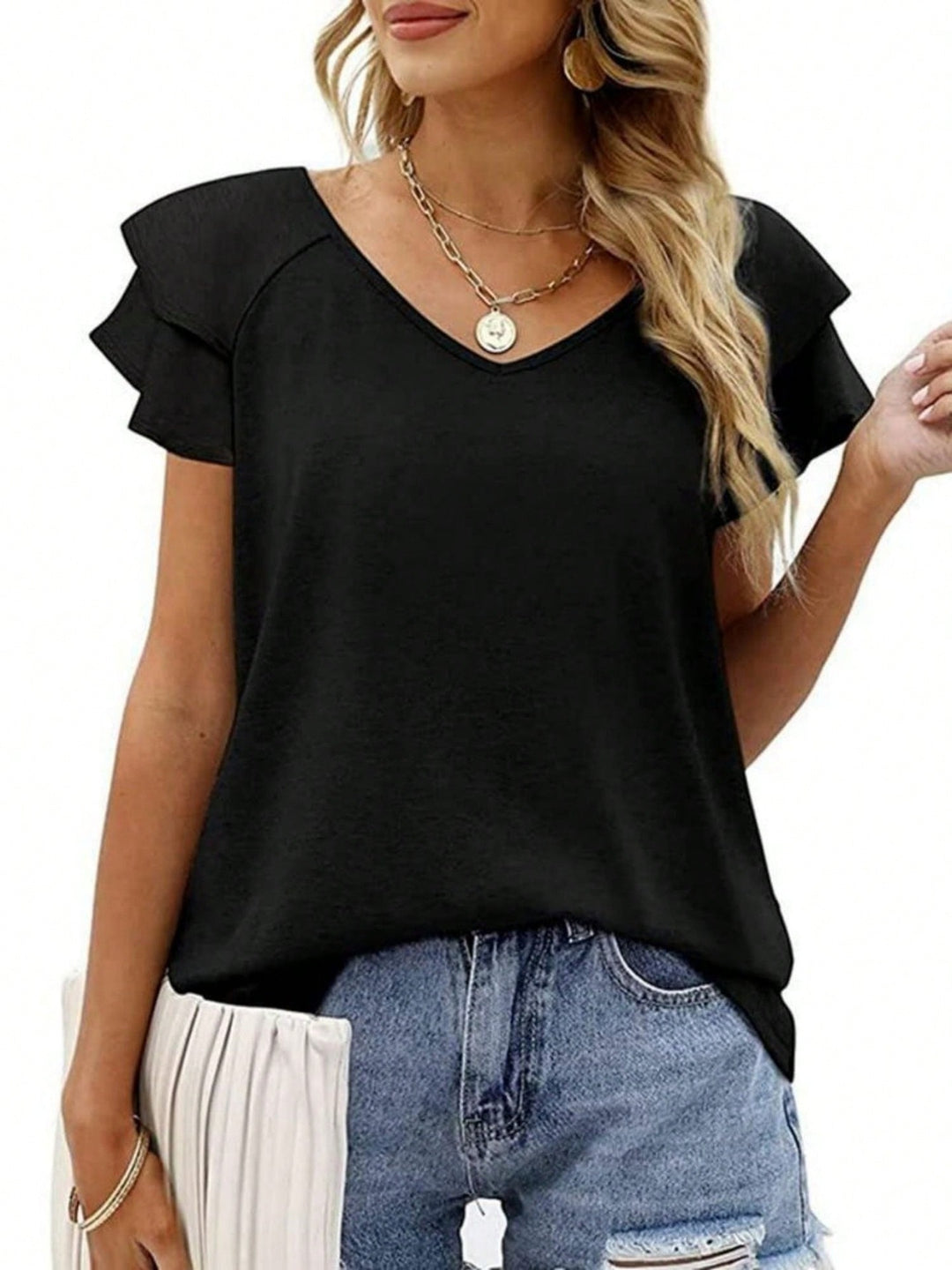 Damen V-Ausschnitt T-Shirt mit Rüschendetails R&B