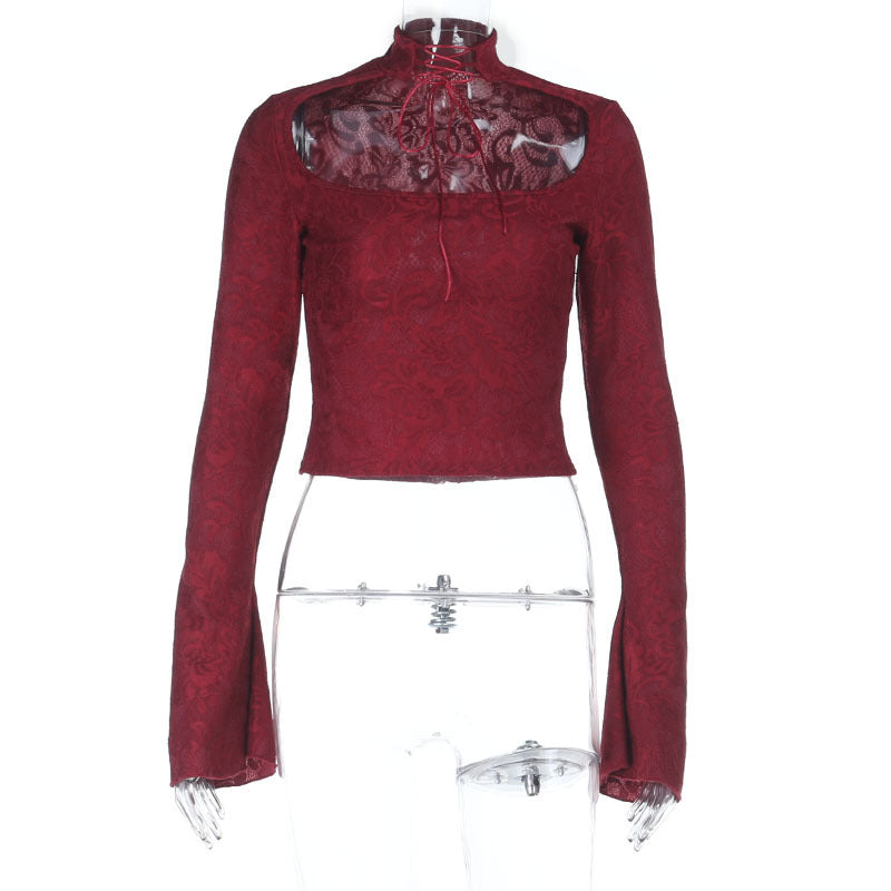 Damen elegantes Langarm-Top mit schickem Stehkragen und floralem Muster R&B