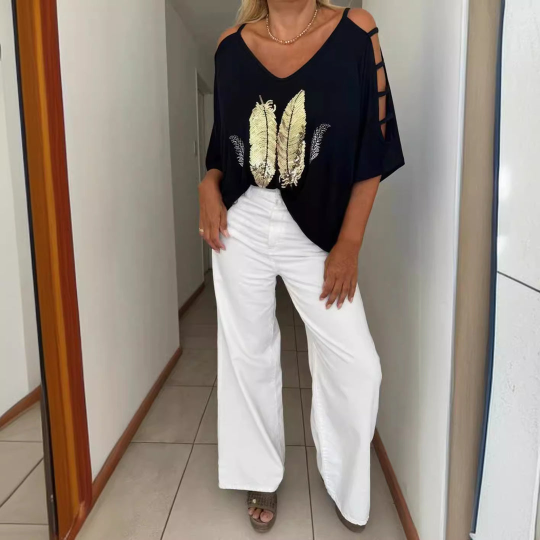 Damen oversized T-Shirt mit eleganter Stickerei und offenen Schultern Heidi-Mode