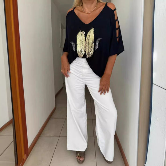 Damen oversized T-Shirt mit eleganter Stickerei und offenen Schultern Heidi-Mode