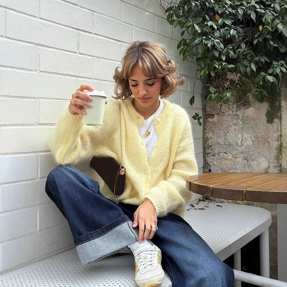 Damen weicher Strickcardigan mit großen Puffärmeln R&B