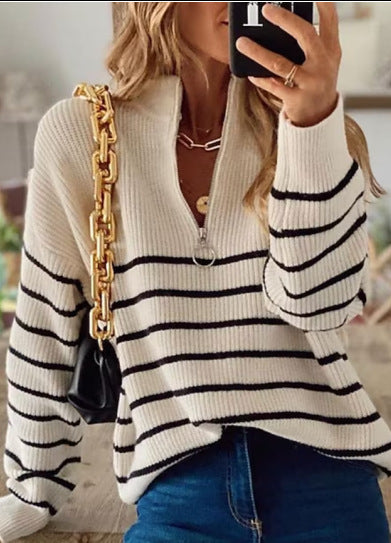 Damen Strickpullover mit halbem Reißverschluss und Streifenmuster R&B