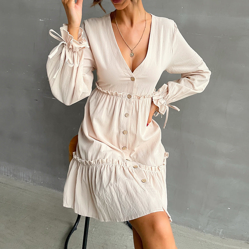 Damen lässiges Minikleid mit knöpfbarem V-Ausschnitt und voluminösen Ärmeln R&B