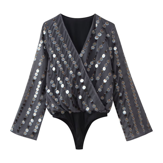 Damen Glamouröses Body mit glitzernden Pailletten und Wickeldesign R&B
