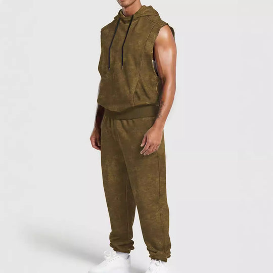 Herren nan ärmelloses Kapuzensweat-Set in Veloursoptik mit elastischer Jogginghose und gerippten Abschlüssen R&B
