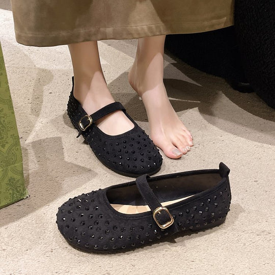 Damen elegante Mary Jane Ballerinas mit dekorativem Riemen und Strassdetails R&B