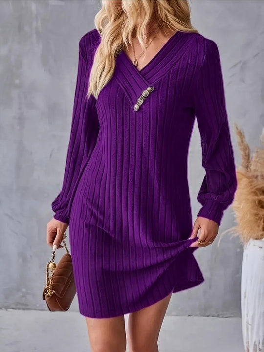 Damen Röhrenkleid mit elegantem V-Ausschnitt und dekorativen Knöpfen R&B