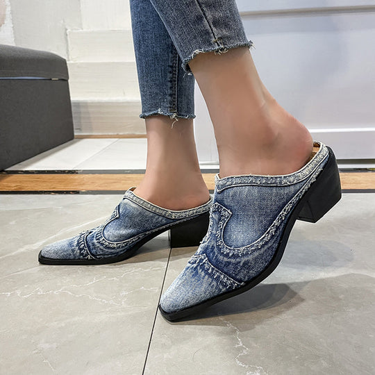Damen nan Jeans-Slipper mit spitzer Zehenkappe, fransiger Kantenverarbeitung und mittelhohem Blockabsatz R&B