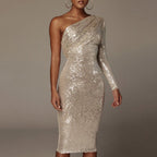 Damen Glitzerndes Midikleid mit asymmetrischem Schnitt und elegantem Raffung R&B