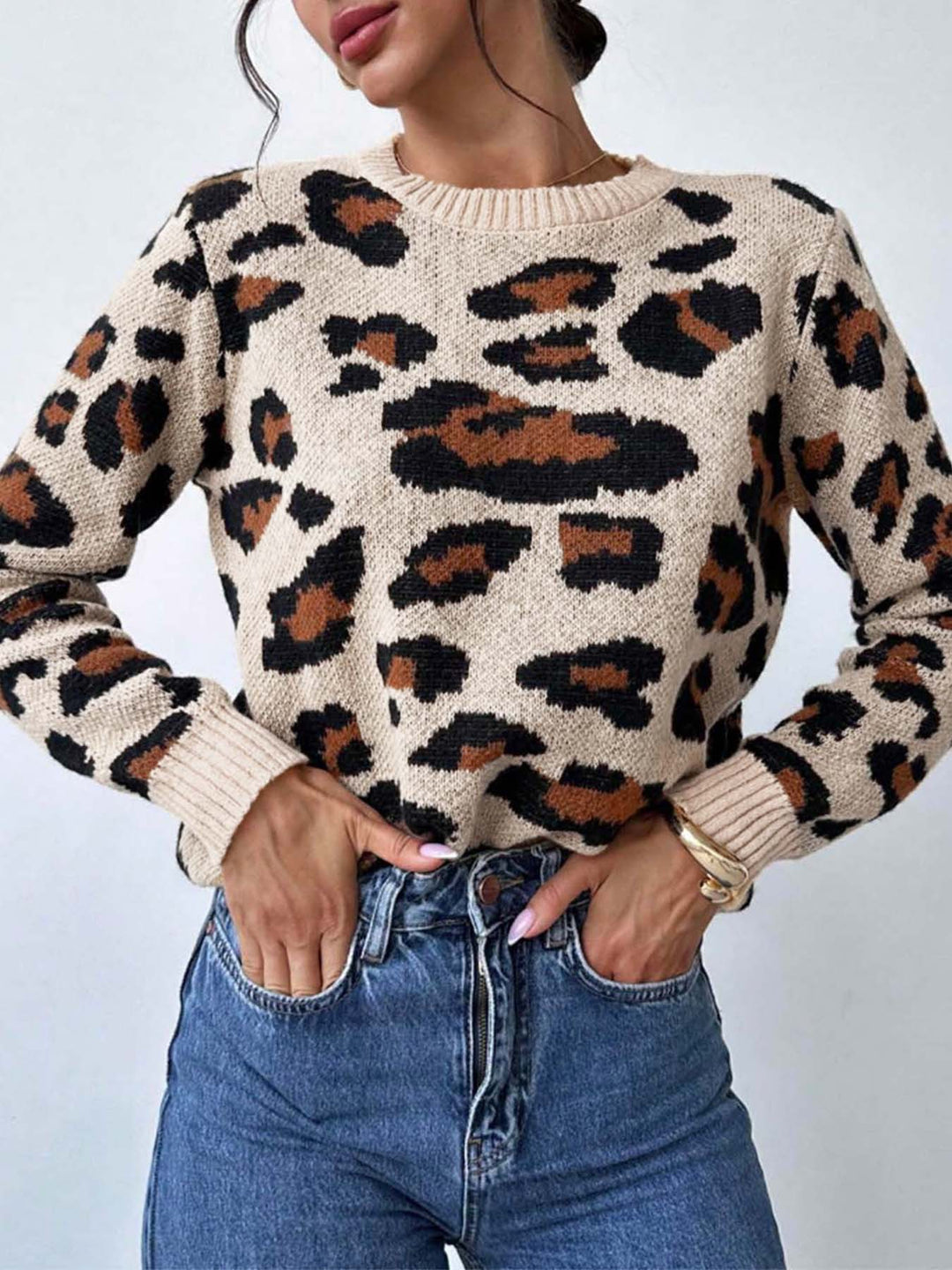 Damen kuscheliger Strickpullover mit Leopardenmuster und überschnittenen Schultern R&B