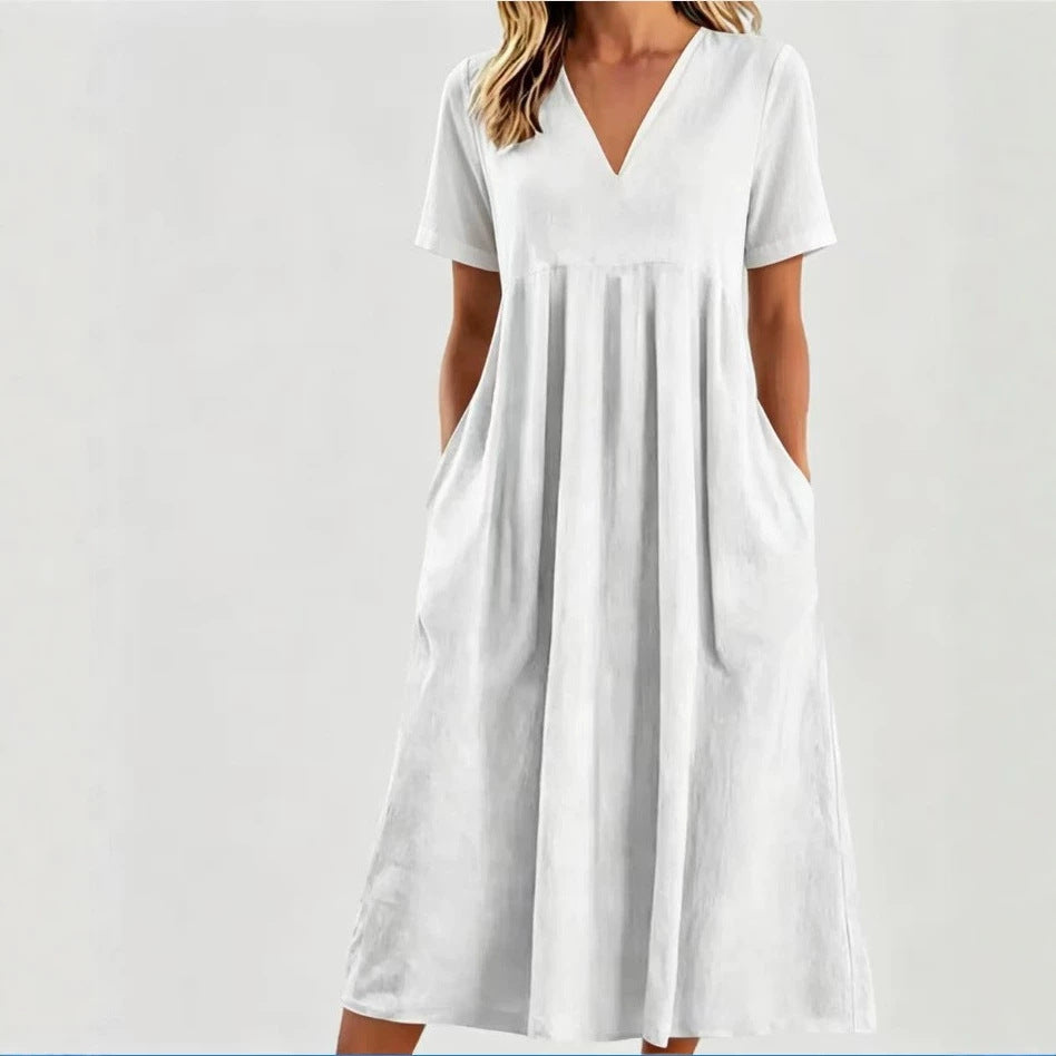 Damen nan legeres V-Ausschnitt-Midikleid mit Eingrifftaschen und geraffter Empirenaht R&B