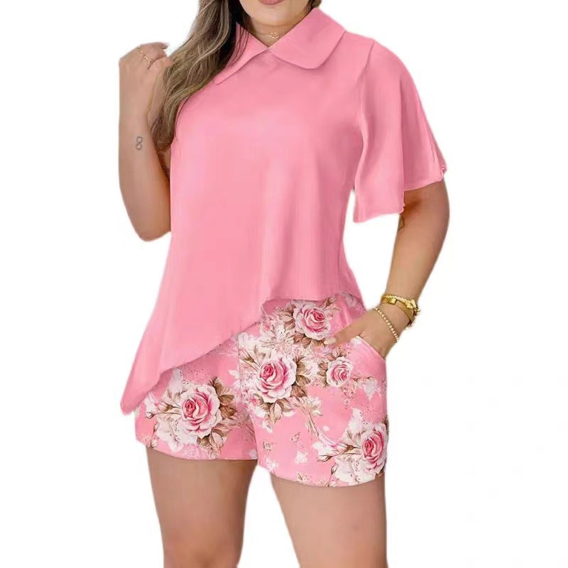 Damen Set aus lässigem Oberteil mit elegantem Kragen und passenden kurzen Hosen R&B