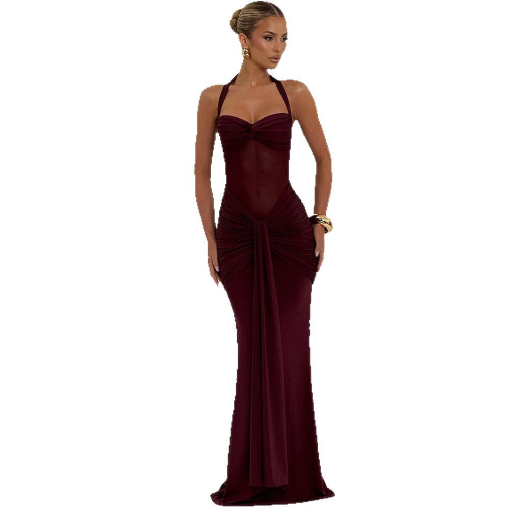 Damen elegantes Maxikleid mit schmeichelnder Raffung und Halterneck R&B