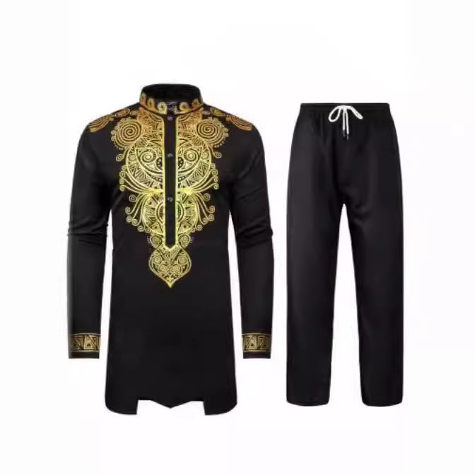 Herren elegantes Set mit kunstvoller Stickerei und bequemen Hosen R&B