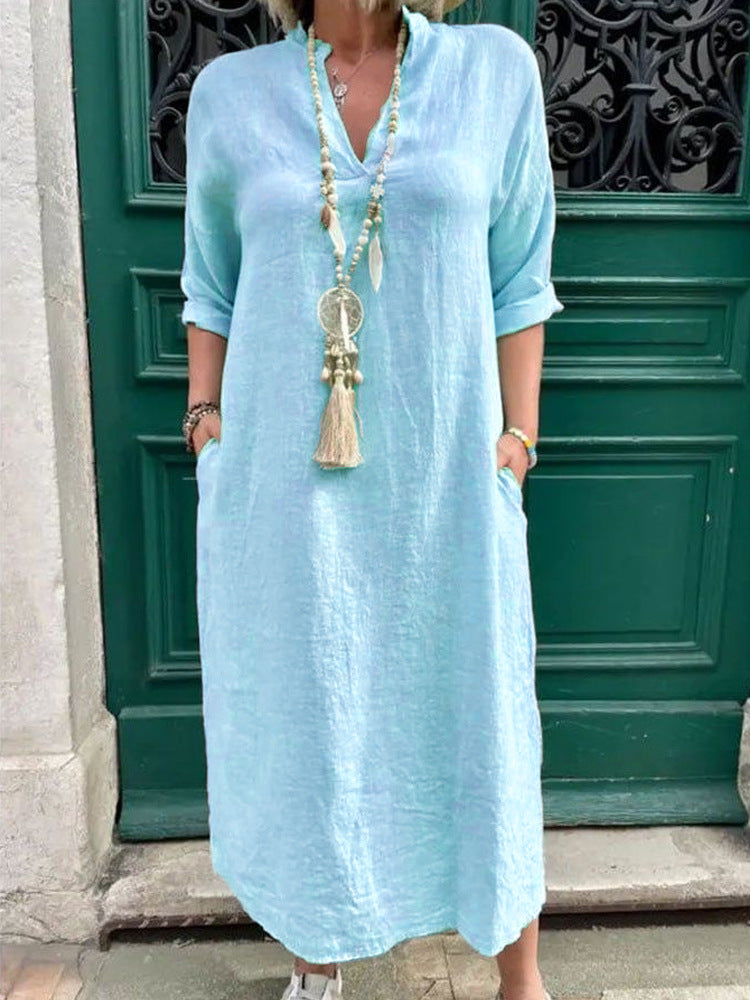 Damen Lässiges Kaftan-Kleid mit seitlichen Taschen und modischem V-Ausschnitt R&B
