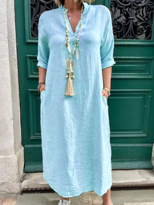 Damen Lässiges Kaftan-Kleid mit seitlichen Taschen und modischem V-Ausschnitt R&B