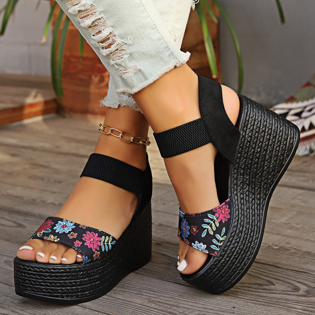 Damen Wedge-Sandalen mit floralem Design und elastischen Riemen R&B