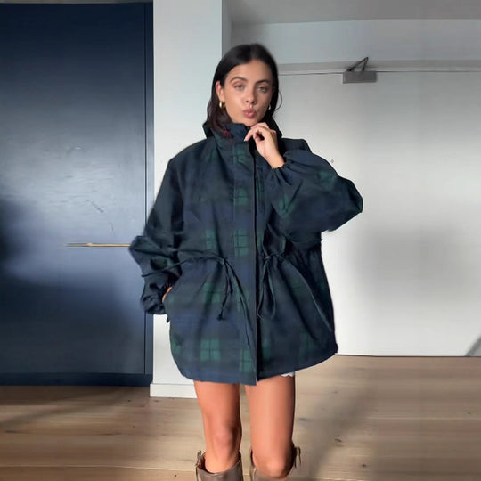 Damen Oversized Jacke im lässigen Karo-Design mit praktischen Taschen und Taillenzug R&B