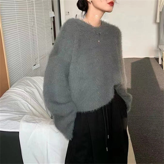 Damen Flauschiger Pullover mit lässigem Schnitt und hohem Rundhalsausschnitt R&B