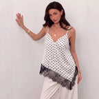Damen nan seidig-glänzendes Spaghettiträger-Cami mit asymmetrischer Spitzenkante R&B