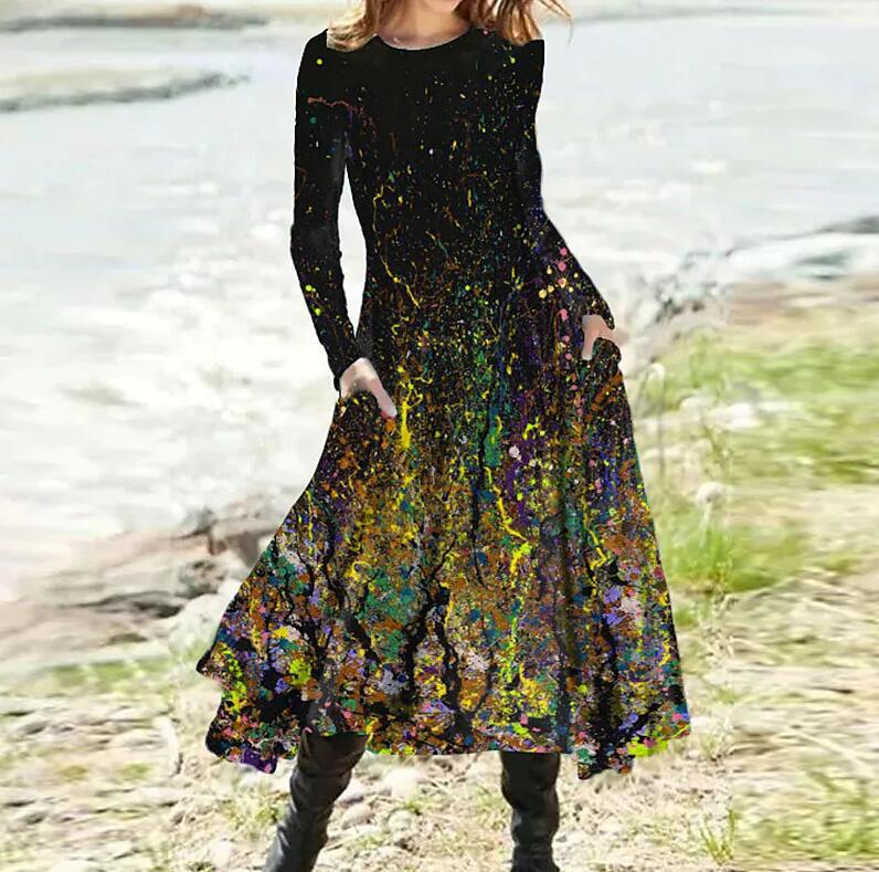 Damen nan A-Linien-Midikleid mit abstraktem Spritzmuster, Rundhalsausschnitt, langen Ärmeln und Eingrifftaschen R&B