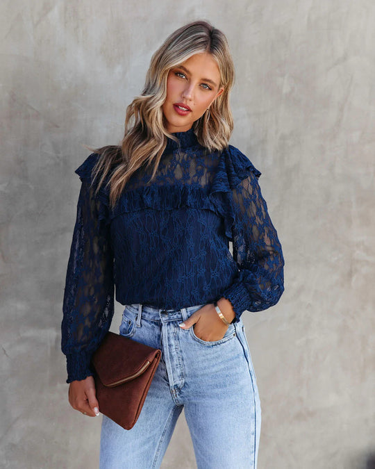 Damen Spitzenbluse mit Rüschendetails und elegantem Stehkragen R&B