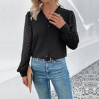 Damen elegante Bluse mit transparenten Rüschärmel und Knopfleiste