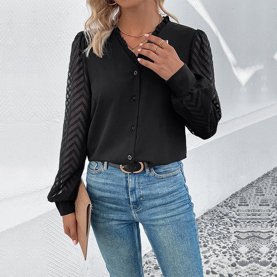 Damen elegante Bluse mit transparenten Rüschärmel und Knopfleiste R&B