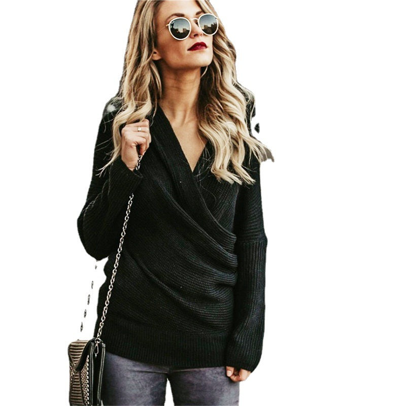 Damen Off-Shoulder Strickpullover mit Wickeloptik und lockerer Passform R&B