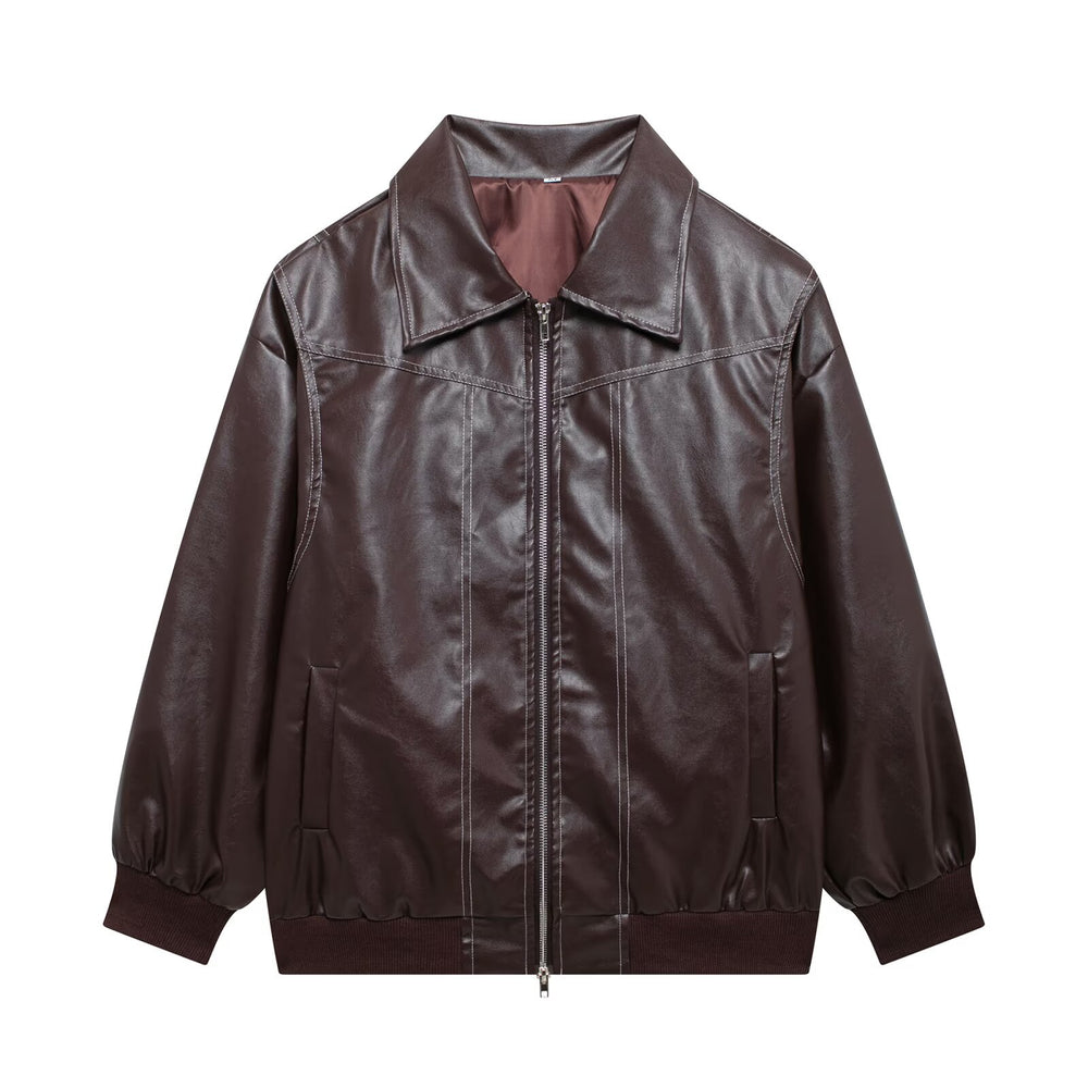 Damen lässige Kunstlederjacke mit hohem Kragen und Reißverschluss R&B