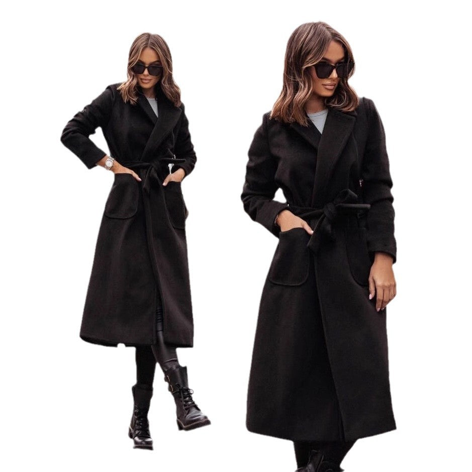 Damen Eleganter Wickel-Mantel mit praktischen Taschen und taillierbarem Gürtel R&B