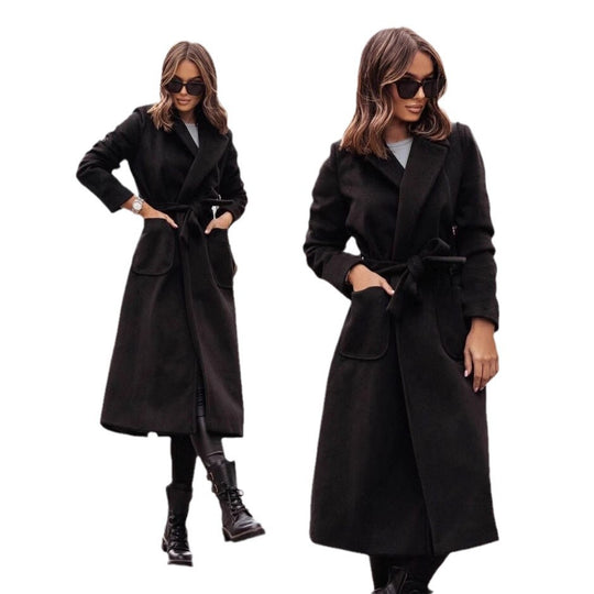 Damen Eleganter Wickel-Mantel mit praktischen Taschen und taillierbarem Gürtel R&B