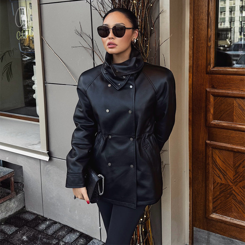 Damen Modische Kunstlederjacke mit hohen Kragen und praktischen Taschen R&B
