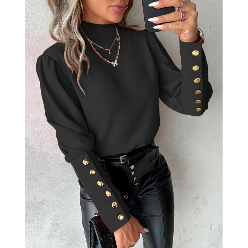 Damen elegante Bluse mit Puffärmeln und goldenen Knopfdetails R&B
