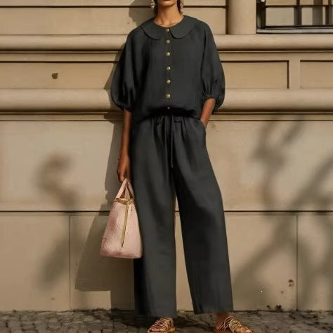 Damen Luftiger Zweiteiler mit modernem Kragen und Knopfdetails R&B