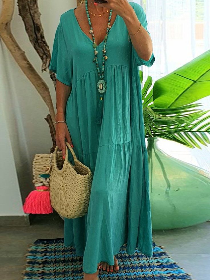 Damen luftiges Boho-Maxikleid mit schwingendem Saum und tiefem V-Ausschnitt R&B