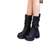 Damen Stilvolle Stiefeletten mit hohen Blockabsätzen und modischem Riemendesign