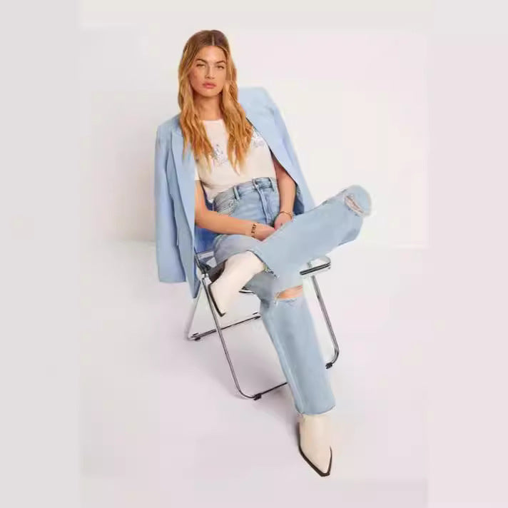 Damen Weit geschnittene High-Waist Jeans mit modischen Destroyed-Details R&B
