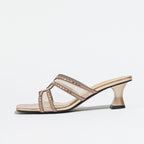 Damen elegante High Heel Mules mit glitzernden Riemen und komfortablem Absatz R&B