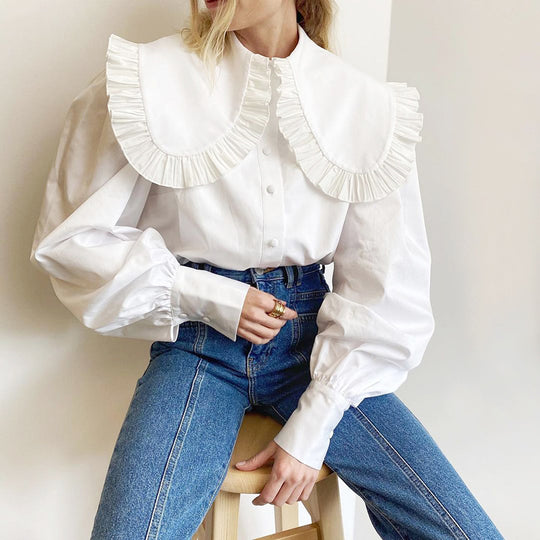 Damen Elegante Bluse mit voluminösen Ärmeln und Rüschensaum R&B