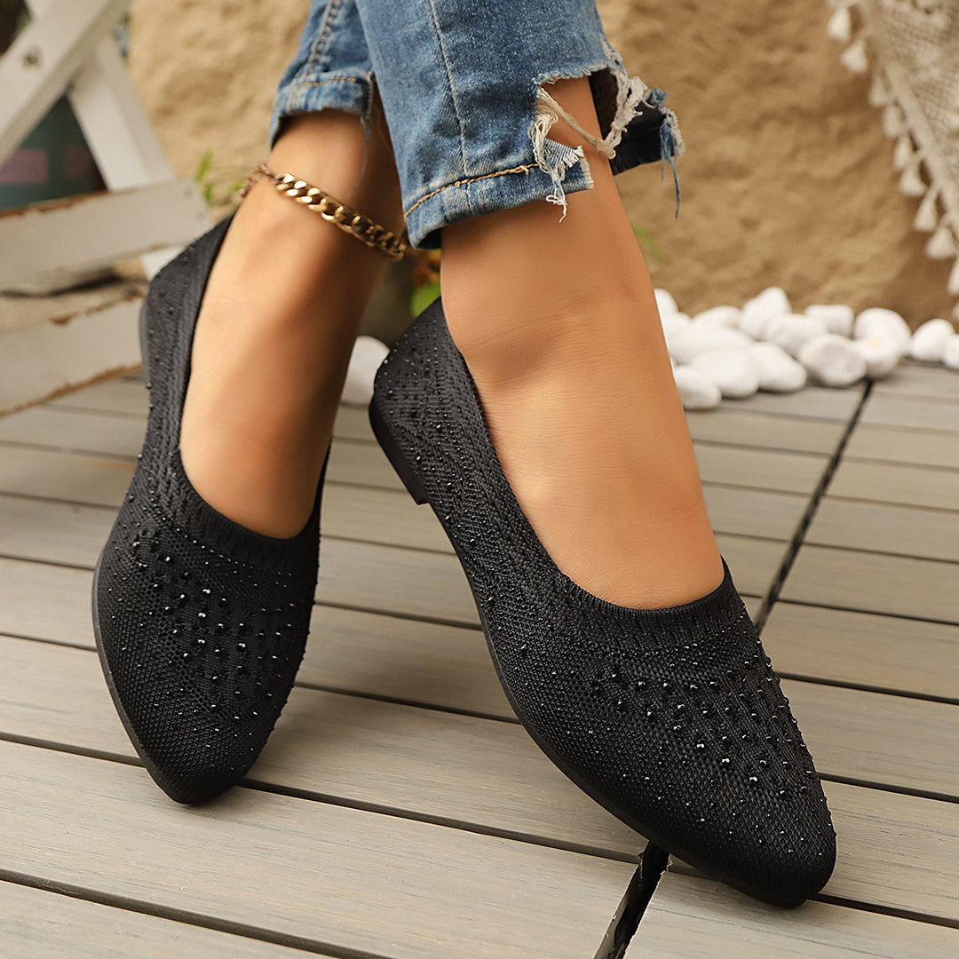 Damen elegante Ballerinas mit modischem Strass-Detail und atmungsaktiver Strickoberfläche R&B