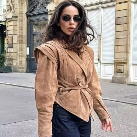 Damen nan taillierter Wildlederoptik Blazer mit Wickelgürtel und gerafften Schultern R&B