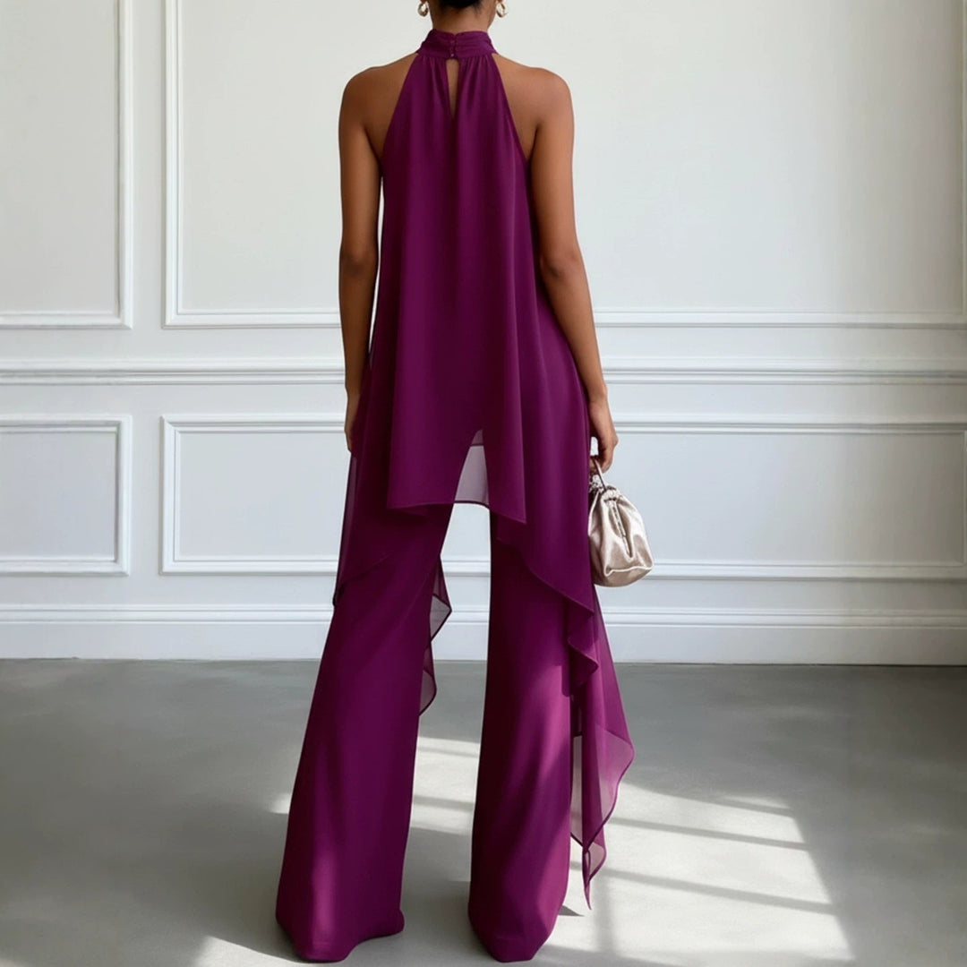 Damen nan elegantes Abendzweiteiler mit gerafftem Stehkragen, asymmetrischem Volant und fließender Schlaghose R&B