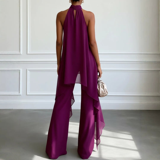 Damen nan elegantes Abendzweiteiler mit gerafftem Stehkragen, asymmetrischem Volant und fließender Schlaghose R&B