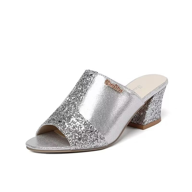 Damen nan elegante offene Pantolette mit feinem Netz, funkelnden Applikationen und mittelhohem Blockabsatz R&B